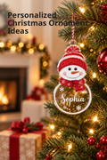 Vertical holiday lifestyle photo with the headline “Personalized Christmas Ornament Ideas” at the upper left. A clear acrylic snowman ornament hangs from a lit Christmas tree, wearing a red-and-white knit-style hat and red scarf, with white snowflakes around the scripted name “Sophia.” Warm golden tree lights, red baubles and berries, a softly glowing fireplace, garland, and a wrapped gift with a red ribbon create a cozy Christmas living-room setting.