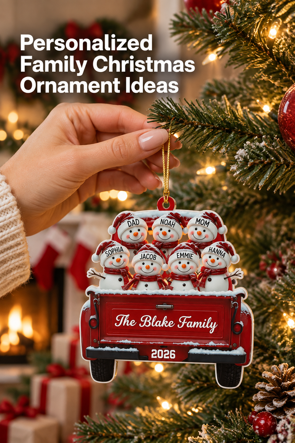 Vertical holiday lifestyle photo of a hand hanging a personalized red pickup-truck Christmas ornament from a frosted evergreen branch beside warm white lights. Seven smiling snowmen in red-and-white hats ride in the truck, with names on their hats, “The Blake Family” across the tailgate, and “2026” below. A blurred fireplace, stockings, wreath, wrapped gifts, red bauble, and pinecones create a cozy background. Headline reads: “Personalized Family Christmas Ornament Ideas.”