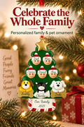 Personalized family and pet Christmas ornament on a festive tree with the headline Celebrate the Whole Family.