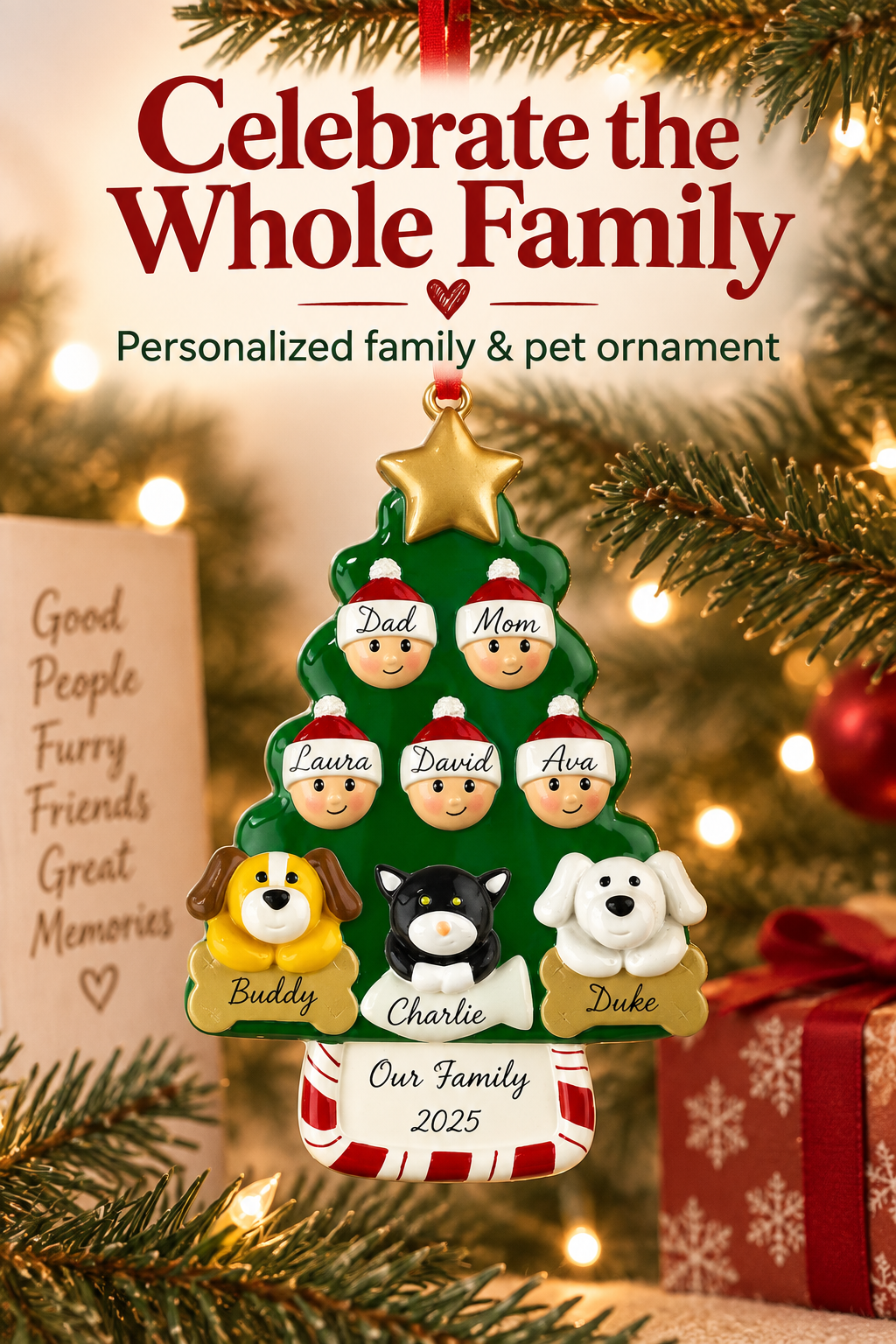 Personalized family and pet Christmas ornament on a festive tree with the headline Celebrate the Whole Family.