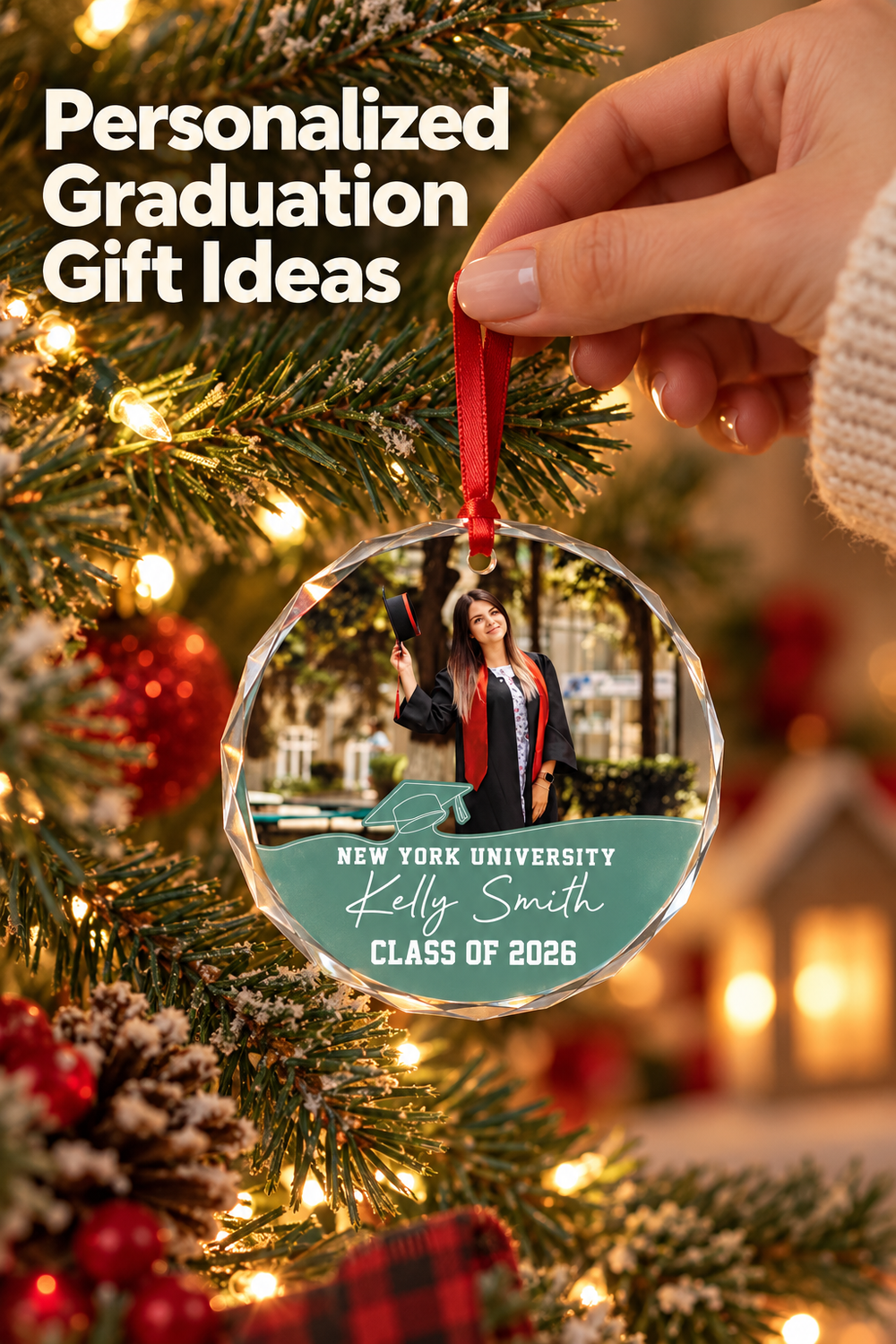 Vertical holiday lifestyle photo of a hand in a cream knit sleeve hanging a round, faceted personalized graduation ornament from a warmly lit Christmas tree. The ornament shows a graduate in a black cap-and-gown outfit above a teal panel reading “NEW YORK UNIVERSITY,” “Kelly Smith,” and “CLASS OF 2026,” with a small graduation-cap graphic. Pine branches, red ornaments, frosted accents, and golden lights fill the scene. Headline: “Personalized Graduation Gift Ideas.”