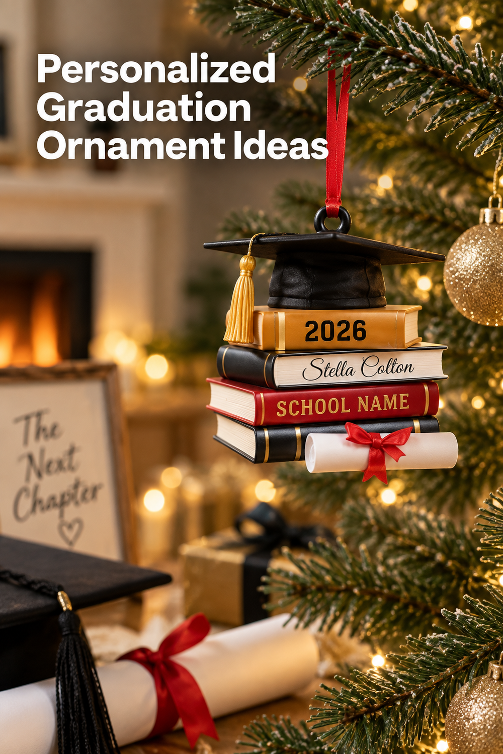 Vertical holiday lifestyle image of a personalized graduation ornament hanging from a frosted evergreen branch beside warm Christmas lights. The ornament shows a black graduation cap over stacked books marked “2026,” “Stella Colton,” and “SCHOOL NAME,” with a rolled diploma tied in red. A fireplace, gold bauble, wrapped gifts, graduation cap, and diploma appear softly in the background. Headline at upper left reads “Personalized Graduation Ornament Ideas.”