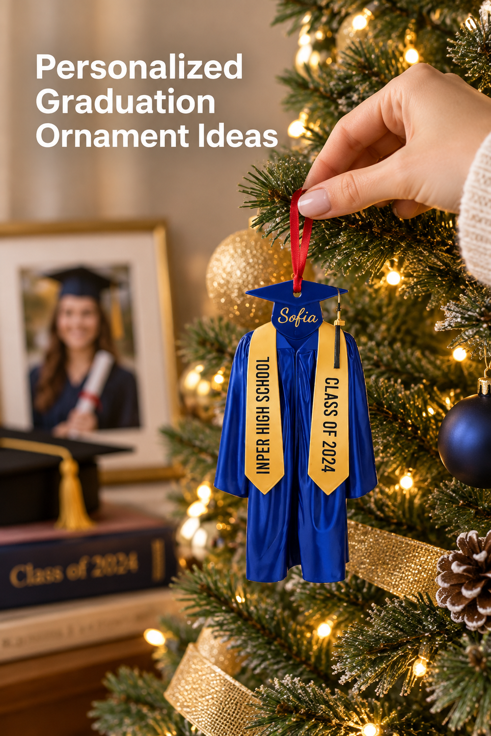 A hand hangs a blue graduation gown ornament from a warmly lit Christmas tree. The ornament has a mortarboard, gold tassel and two gold stoles, with the name “Sofia” on the cap and graduation wording on the stoles. A framed graduation photo, navy cap, gold ribbon, pinecones and glowing lights appear softly in the background. Large white headline text in the upper-left reads “Personalized Graduation Ornament Ideas.” The vertical composition keeps the ornament prominent.