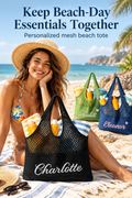 Personalized black mesh beach tote on a sunny beach with headline Keep Beach-Day Essentials Together.