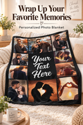 Personalized photo blanket with a couple photo collage in a cozy room, with the headline “Wrap Up Your Favorite Memories.”