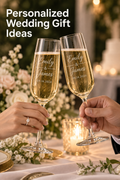 Vertical wedding reception photograph of two clear stemmed champagne flutes filled with a pale golden sparkling drink and raised together for a toast. Both glasses are engraved in white script with “Emily & James” and the date “09.14.2024.” A hand with a diamond ring holds one flute while a suited hand holds the other. Soft white flowers, candlelight, table settings, and warm bokeh create a romantic background. Top-left headline reads “Personalized Wedding Gift Ideas.”