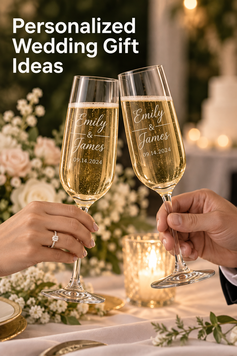 Vertical wedding reception photograph of two clear stemmed champagne flutes filled with a pale golden sparkling drink and raised together for a toast. Both glasses are engraved in white script with “Emily & James” and the date “09.14.2024.” A hand with a diamond ring holds one flute while a suited hand holds the other. Soft white flowers, candlelight, table settings, and warm bokeh create a romantic background. Top-left headline reads “Personalized Wedding Gift Ideas.”