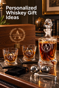 Vertical lifestyle photo of a personalized whiskey gift set on a dark marble home bar. An engraved twisted crystal decanter filled with amber liquid stands beside two matching etched glasses on slate coasters, with a personalized wooden presentation box behind. Two stainless steel chilling balls, a black storage pouch, and metal tongs sit in the foreground under warm amber lighting, while books and decor blur softly behind. Headline reads “Personalized Whiskey Gift Ideas.”