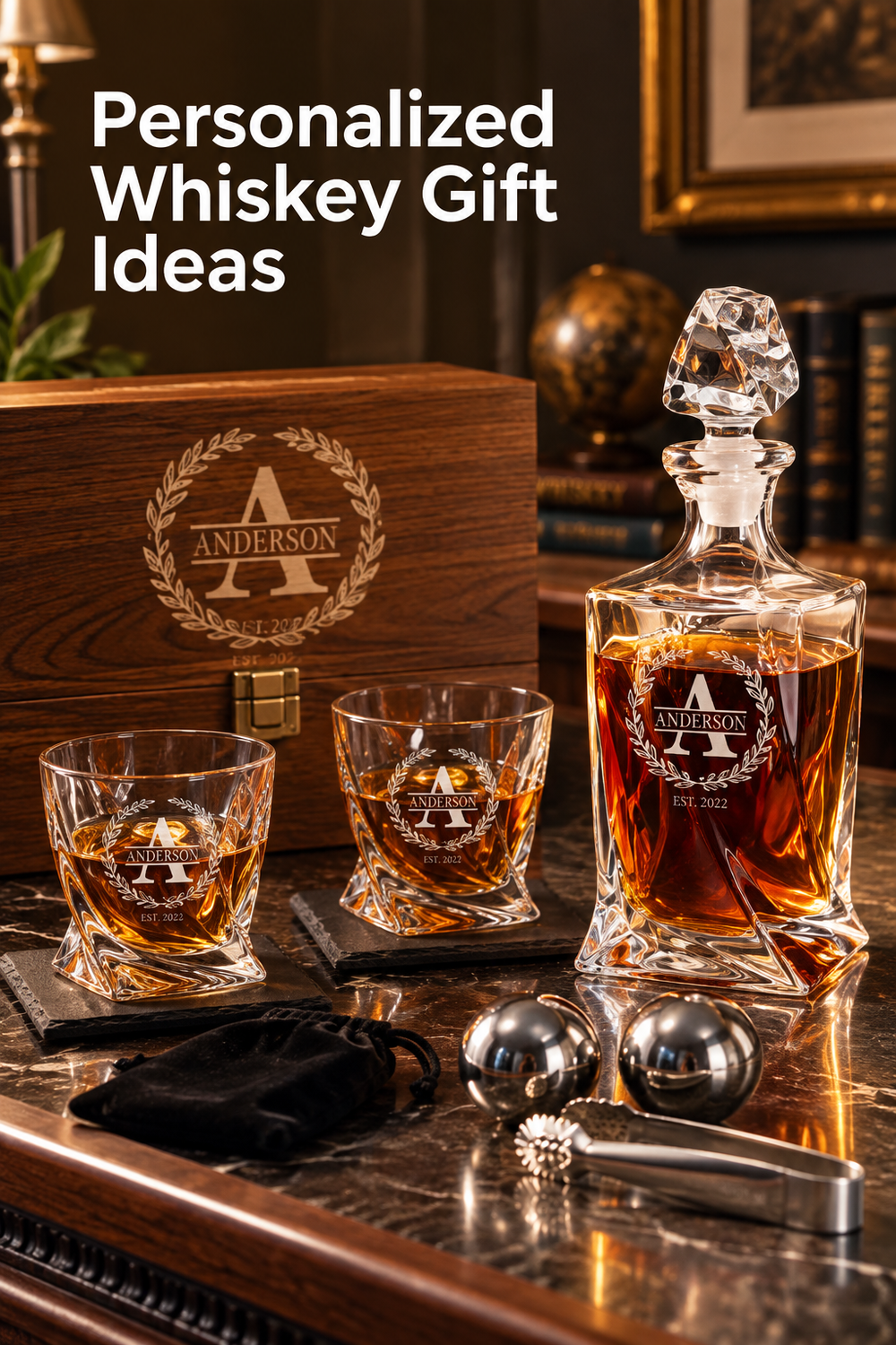 Vertical lifestyle photo of a personalized whiskey gift set on a dark marble home bar. An engraved twisted crystal decanter filled with amber liquid stands beside two matching etched glasses on slate coasters, with a personalized wooden presentation box behind. Two stainless steel chilling balls, a black storage pouch, and metal tongs sit in the foreground under warm amber lighting, while books and decor blur softly behind. Headline reads “Personalized Whiskey Gift Ideas.”