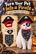 White cat wearing a black pirate hat, eye patch, and skeleton-print bandana with the headline Turn Your Pet Into a Pirate.