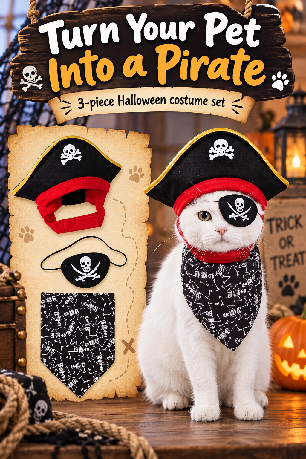 White cat wearing a black pirate hat, eye patch, and skeleton-print bandana with the headline Turn Your Pet Into a Pirate.