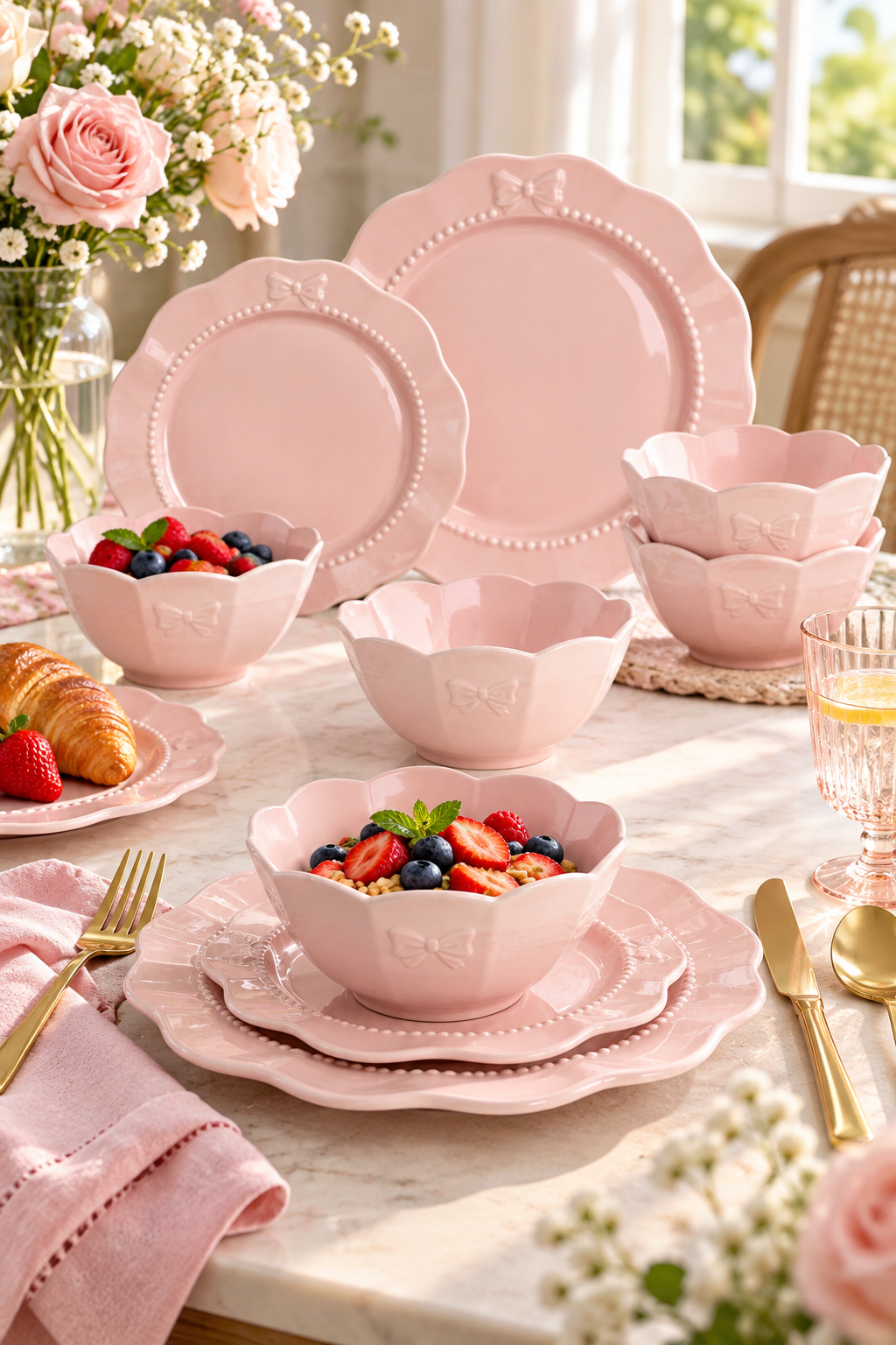 A bright vertical lifestyle photo shows blush-pink scalloped dinnerware arranged on a pale stone table in warm window light. A berry-topped bowl sits on stacked plates in front, with additional bow-embossed bowls and plates displayed behind it. Gold flatware, a croissant, strawberries, a pink linen napkin, roses, baby’s breath, and a pale pink drink add a soft brunch setting, while a woven chair and garden greenery blur into the background. No text appears in the image.