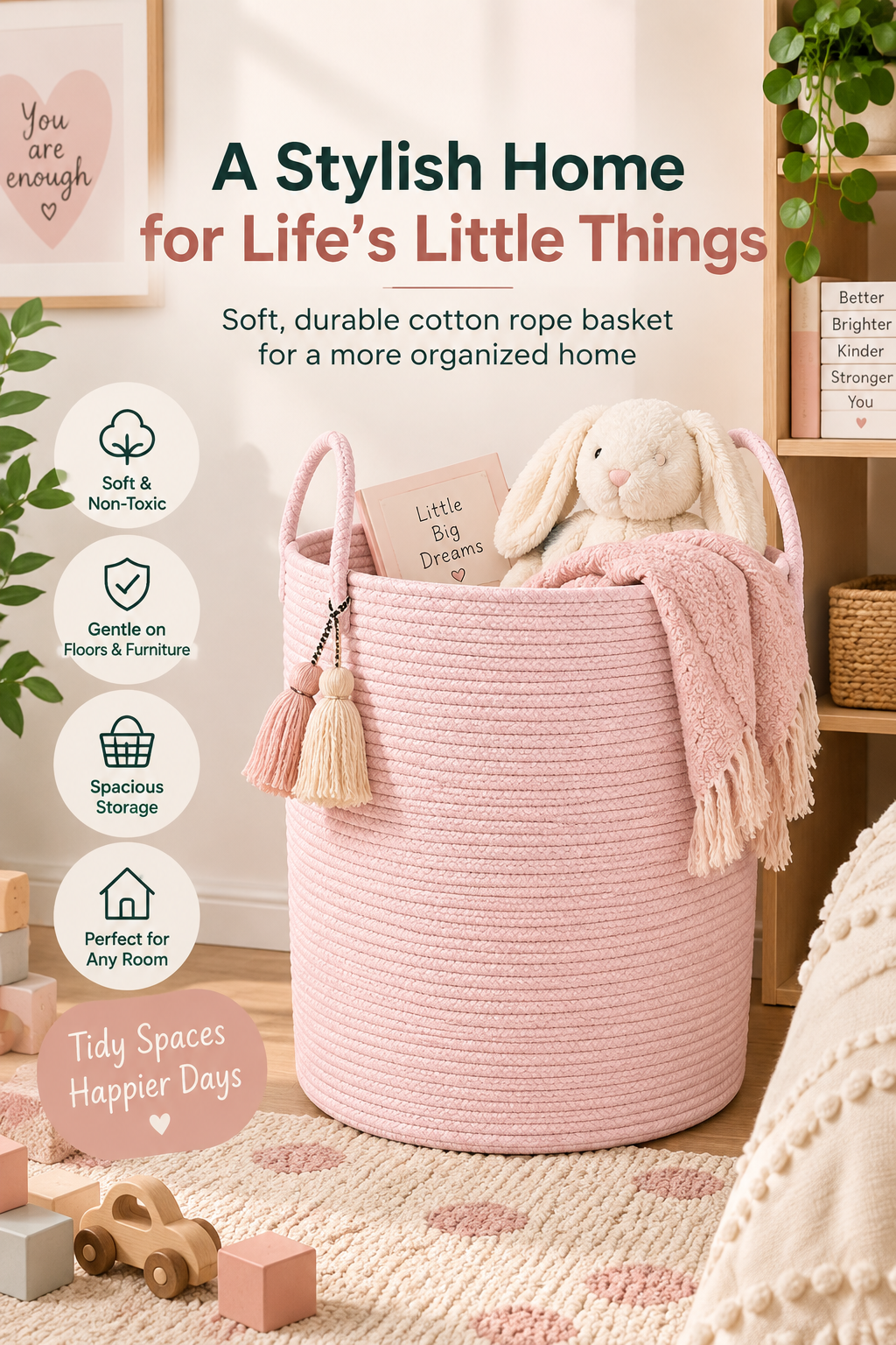 Large pink cotton rope storage basket with handles in a cozy nursery holding a blanket and toys, with the headline A Stylish Home for Life’s Little Things.
