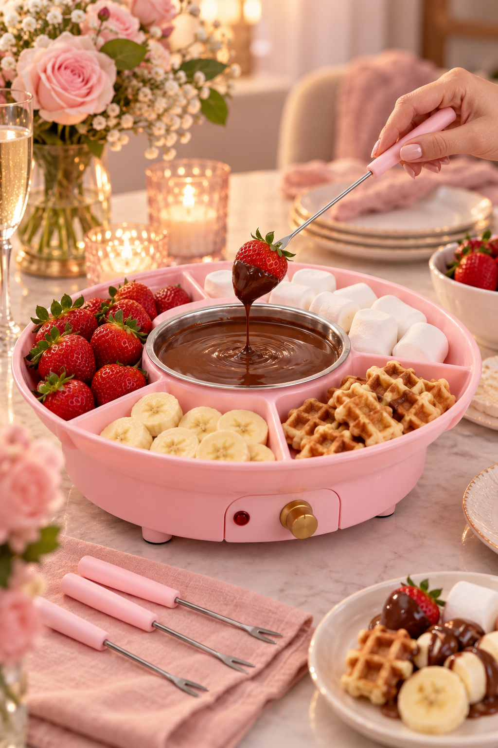 Vertical lifestyle image of a pastel pink electric fondue maker on a marble table in a warmly lit dessert setting. The divided tray holds strawberries, white marshmallows, banana slices, and small waffle pieces around a stainless steel center pot of melted chocolate. A hand uses a pink-handled fondue fork to lift a chocolate-dipped strawberry. Three matching forks rest on a folded blush napkin beside candles, roses, champagne, and dessert plates.