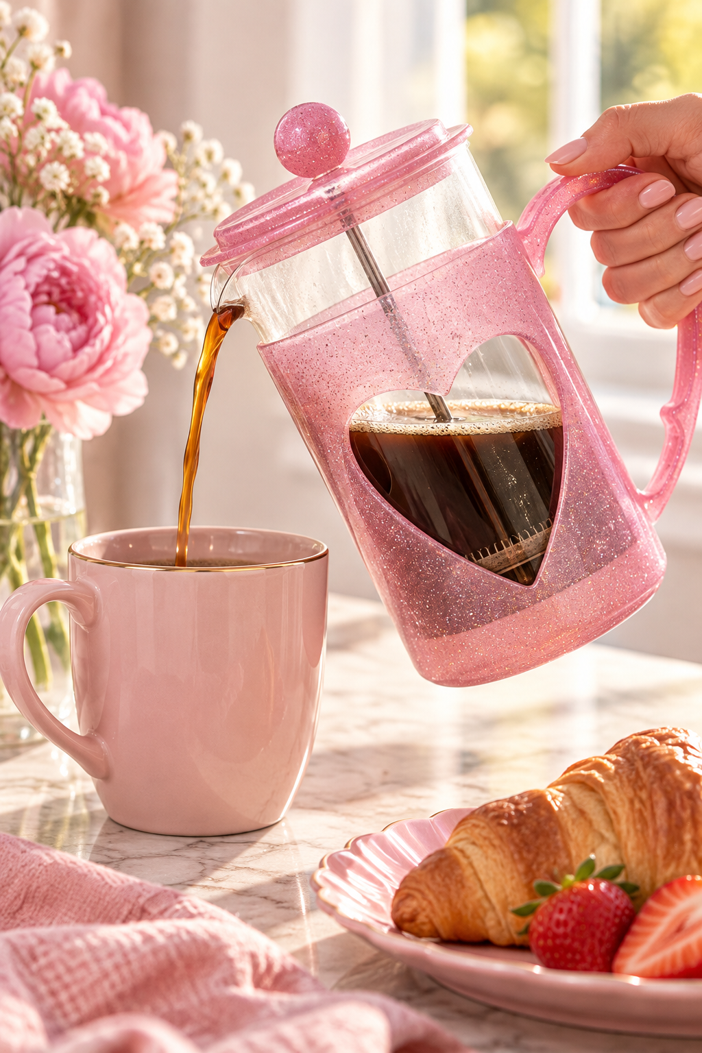 A glittery pink French press with a heart-shaped cutout is held at an angle as dark coffee pours into a blush pink mug on a light marble counter. The clear glass chamber, pink lid, round knob, curved handle, and metal plunger are visible in warm window light. Soft pink flowers sit in the background, while a croissant, strawberries, a scalloped pink plate, and a textured pink napkin create a cozy breakfast setting around the coffee maker. No text appears on the image.