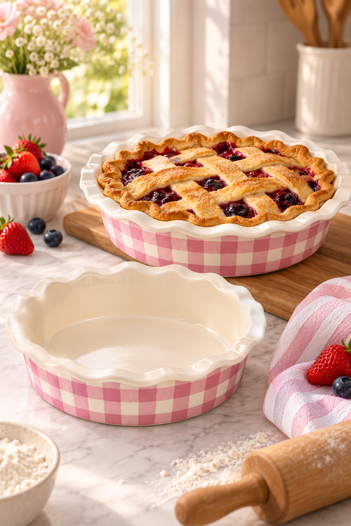 Vertical lifestyle photo of two pink-and-white gingham ceramic pie dishes with glossy cream interiors and scalloped fluted rims on a light stone kitchen counter. The larger dish holds a golden lattice berry pie on a wooden board, while the smaller dish sits empty in front. Fresh strawberries and blueberries, a pink striped towel, flour, a rolling pin, flowers, and wooden utensils nearby create a warm sunlit baking scene. No text appears on the image.