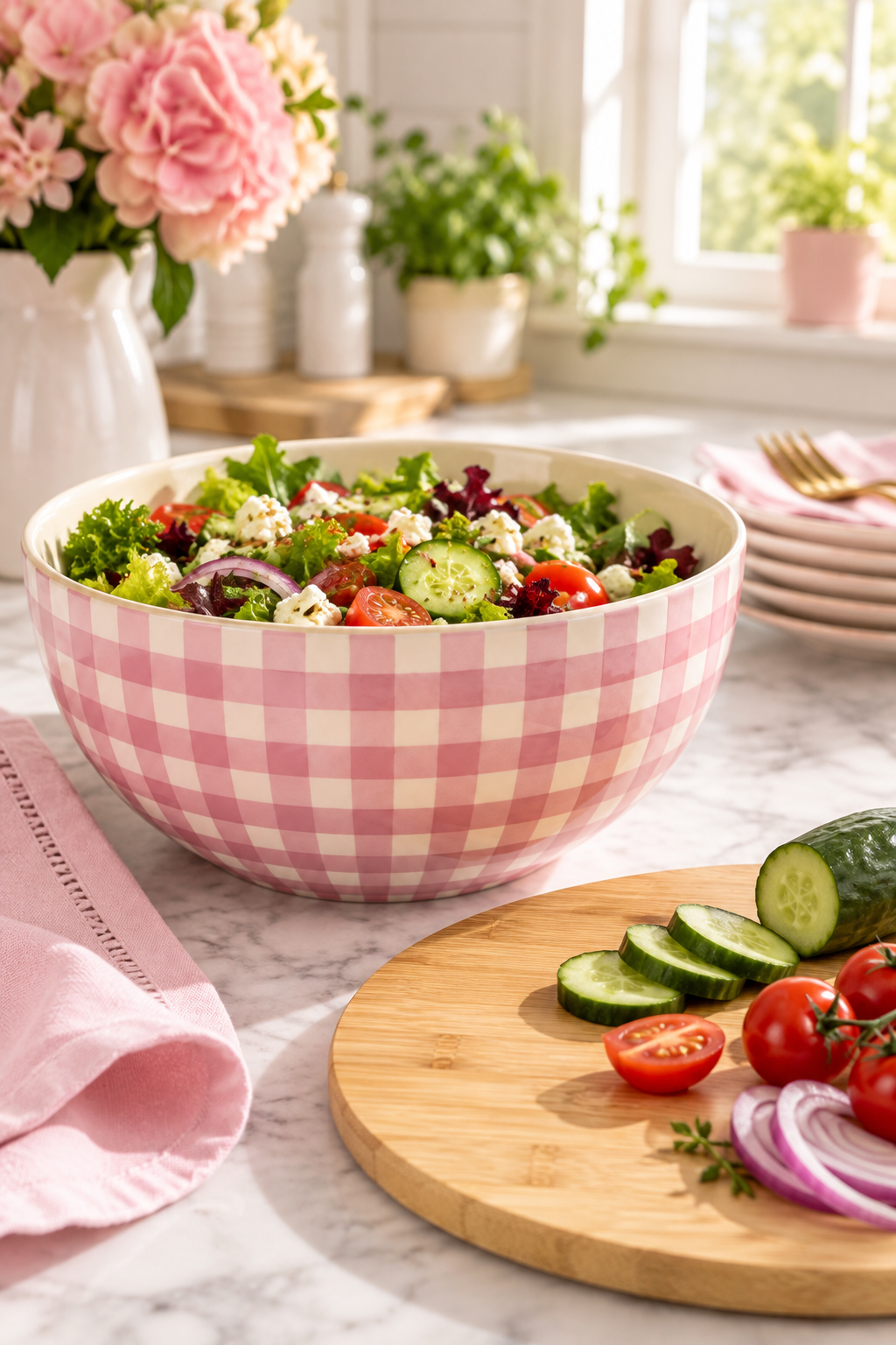 Vertical lifestyle photo of a pink-and-white gingham serving bowl filled with a fresh salad of leafy greens, cucumber, cherry tomatoes, red onion, and crumbled cheese on a pale marble counter. A round bamboo cutting board sits in the foreground with sliced cucumber, tomatoes, onion, and herbs. A soft pink napkin, stacked plates with gold-toned cutlery, pink flowers, potted herbs, and a bright kitchen window create a warm, styled backdrop in natural light.