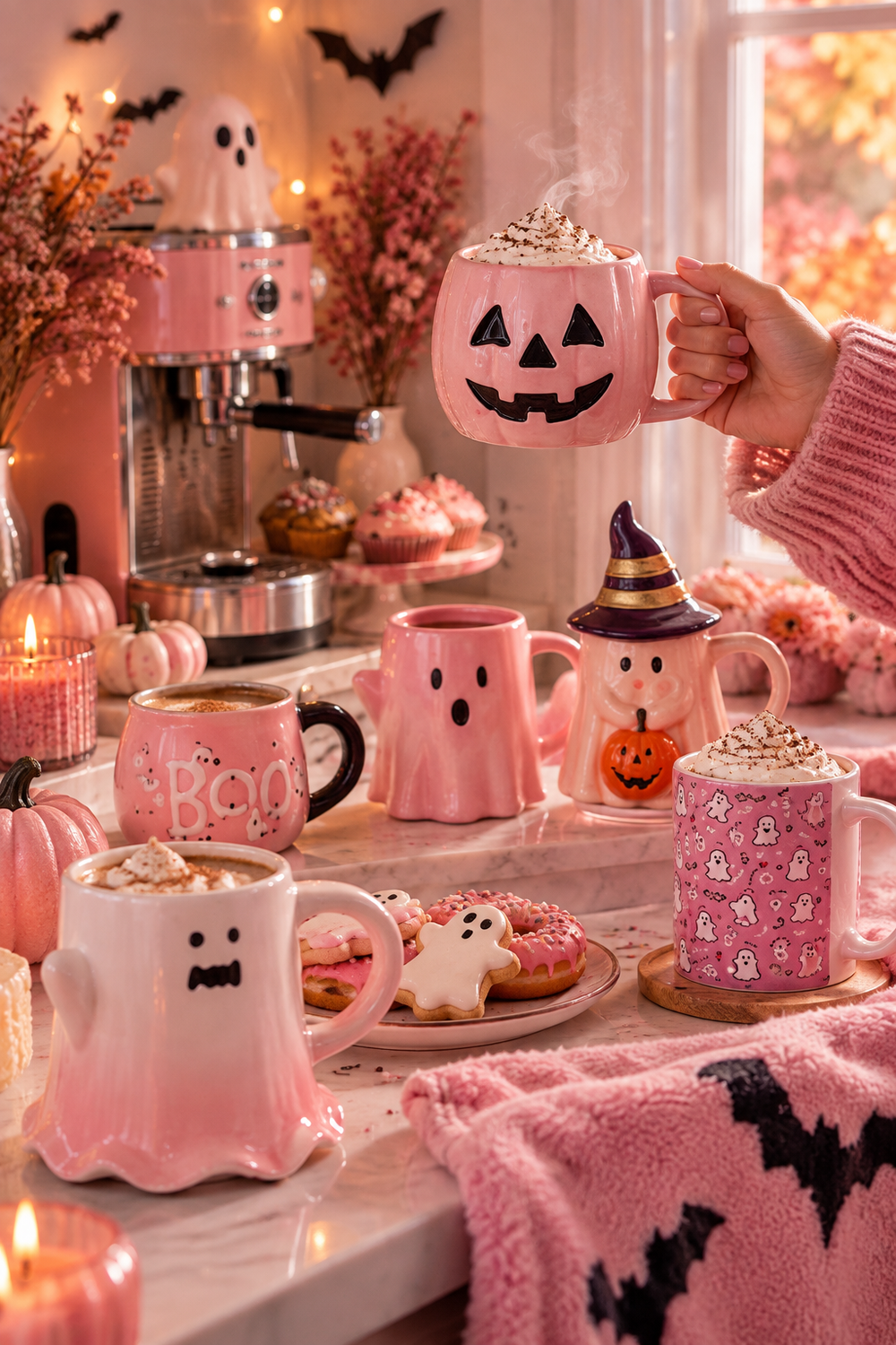 Vertical lifestyle photo of a pink Halloween coffee bar styled in warm window light. A hand in a pink sweater lifts a jack-o’-lantern mug topped with whipped cream while five coordinating pink mugs sit below, including ghost, witch-hat, Boo, and patterned designs. A pink espresso machine, small pumpkins, candles, bat decorations, flowers, ghost cookies, donuts, and a soft bat-patterned blanket create a cozy seasonal setting around the mug collection.