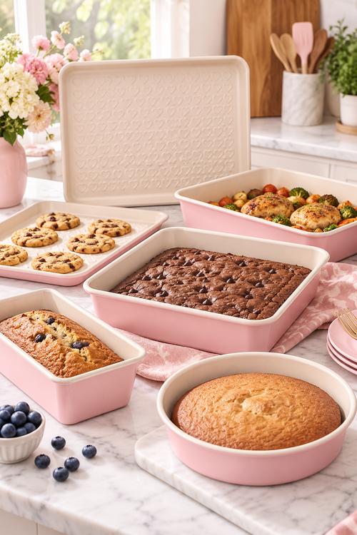 Vertical lifestyle image of a blush-pink and cream bakeware set arranged on a white marble kitchen counter in soft daylight. The square pan holds chocolate brownies, the round pan holds a golden cake, the loaf pan holds a blueberry loaf, a shallow sheet holds chocolate chip cookies, and a larger roasting pan contains roasted chicken with vegetables. A heart-textured cream baking sheet stands behind the pans, with pink flowers, utensils, plates, and a patterned towel nearby.
