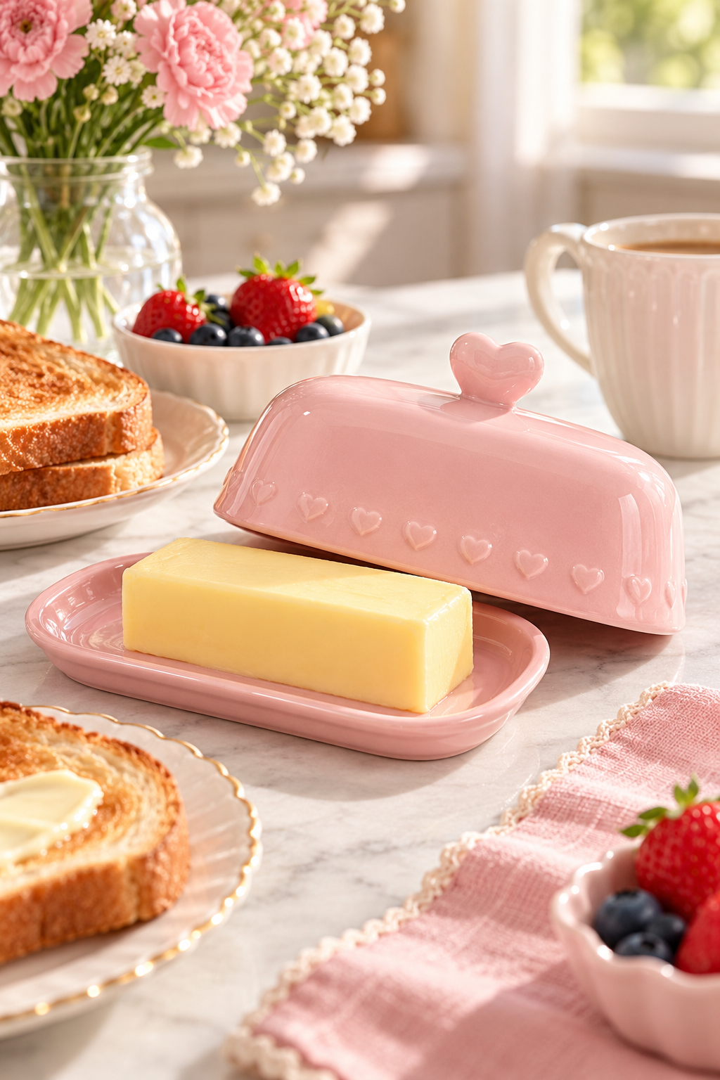 Vertical lifestyle photo of a glossy pink ceramic butter dish on a light marble kitchen counter. The rectangular base holds a stick of pale yellow butter, while the matching domed lid rests behind it, showing a heart-shaped knob and a row of raised heart details. Golden toast, a bowl of strawberries and blueberries, a cream mug, pink flowers, and a pink textured napkin surround the dish in warm natural morning light. The butter dish is centered as the main focal point.