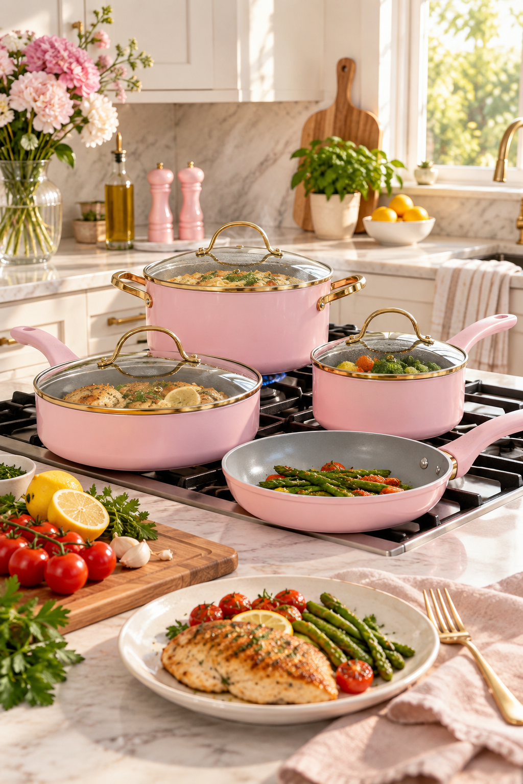 Vertical lifestyle image of a coordinated pastel pink cookware set with gold-tone handles arranged on a black gas cooktop in a bright modern kitchen. A large stockpot and two covered pans hold cooked food under clear glass lids, while an uncovered frying pan contains asparagus and roasted tomatoes. Fresh tomatoes, lemons, garlic, herbs, flowers, a cutting board, and a plated chicken dinner frame the scene on pale marble counters in warm natural sunlight.