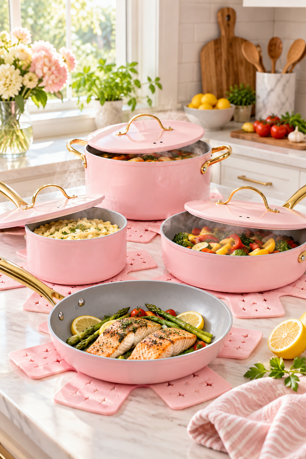 Vertical lifestyle image of a coordinated pink cookware set with polished gold handles arranged in a bright sunlit kitchen. A shallow frying pan in front holds cooked salmon, asparagus, tomatoes and lemon slices. Behind it are matching pink pots and a sauté pan with lids partly open, showing pasta, stew and mixed vegetables. Pink pan protectors rest beneath the cookware on a marble counter, with flowers, herbs, lemons and wooden utensils in the softly blurred background.