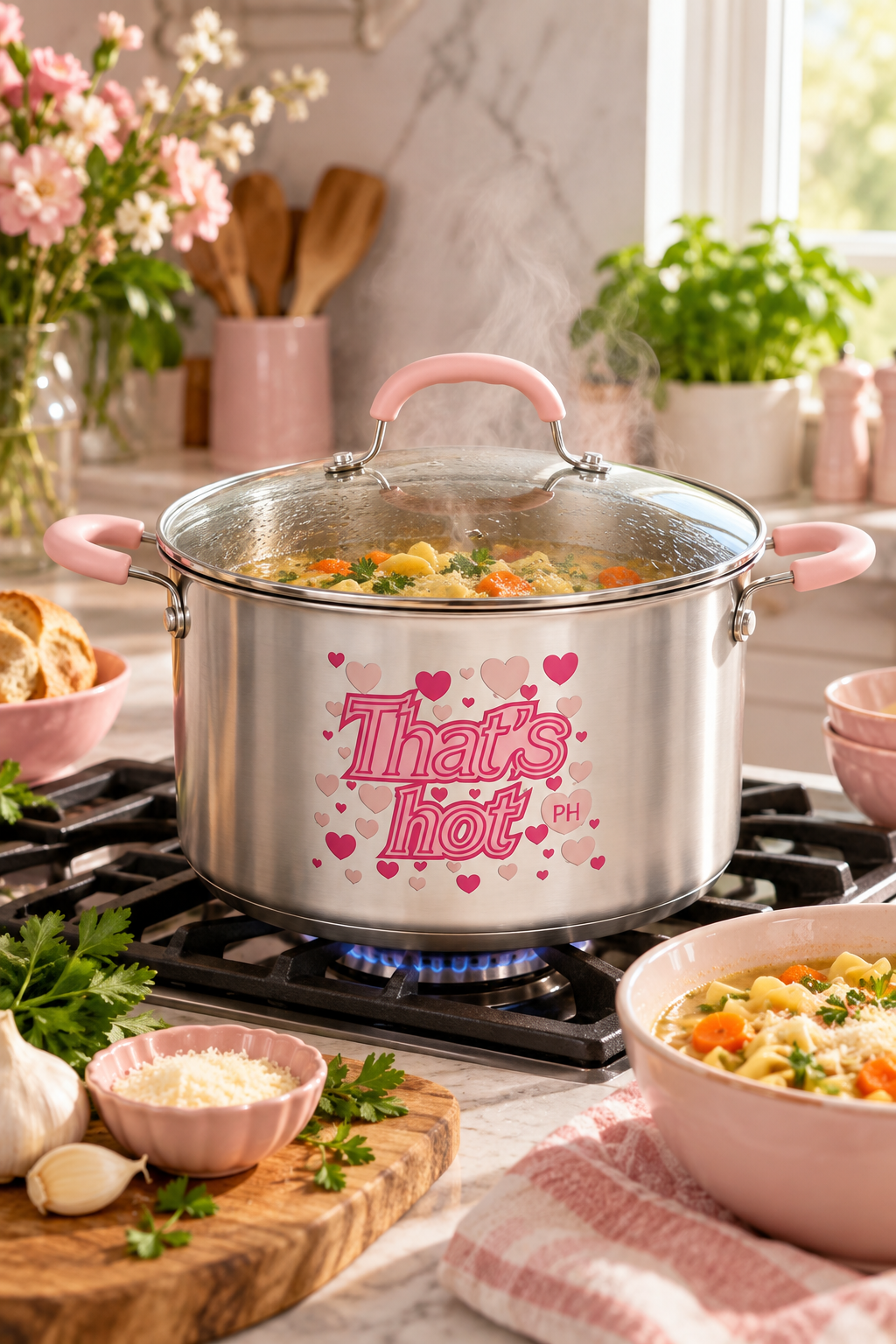 Vertical lifestyle photo of a stainless steel stock pot with pale pink side handles and a matching pink lid handle, centered on a gas stovetop in a bright kitchen. The pot shows the pink heart-filled ‘That’s hot’ graphic on its front, with a clear glass lid resting above steaming soup with pasta, carrots and herbs. Pink bowls, bread, garlic, parsley, grated cheese, flowers and wooden utensils surround the stove, with soft daylight and warm neutral counters in the background.