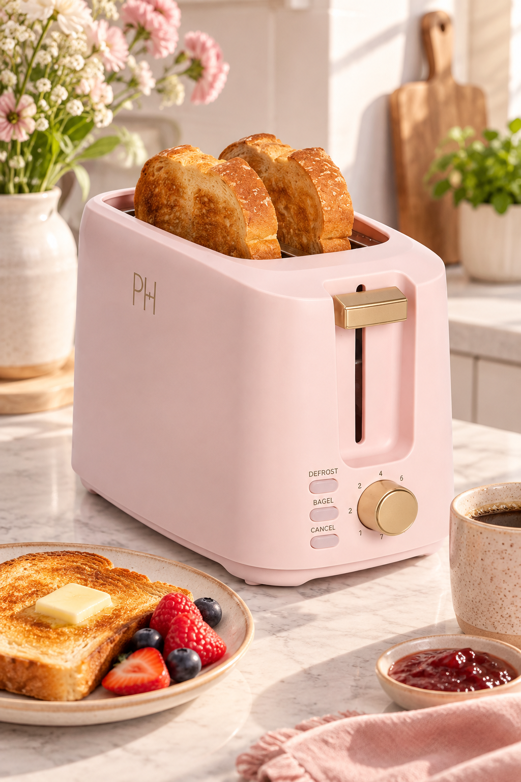 Vertical lifestyle photo of a blush-pink two-slice toaster with gold-tone lever and browning dial on a bright marble-look kitchen counter. Three thick slices of toasted bread rise from the slots. In front, a plate holds buttered toast with strawberries, raspberries and blueberries, beside a speckled coffee mug and a small dish of red jam. Soft pink flowers, greenery and a wooden cutting board blur into the warm, sunlit background. No promotional text is added.