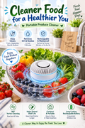 White portable produce cleaner in a bowl of fresh fruits and vegetables with the headline “Cleaner Food for a Healthier You.”