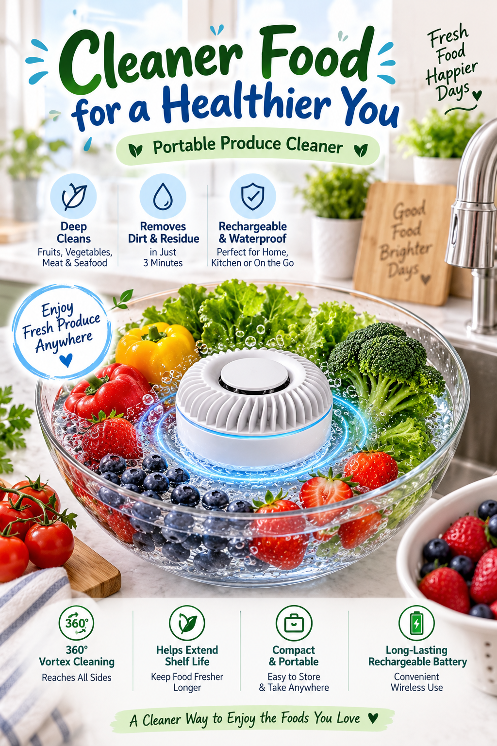 White portable produce cleaner in a bowl of fresh fruits and vegetables with the headline “Cleaner Food for a Healthier You.”