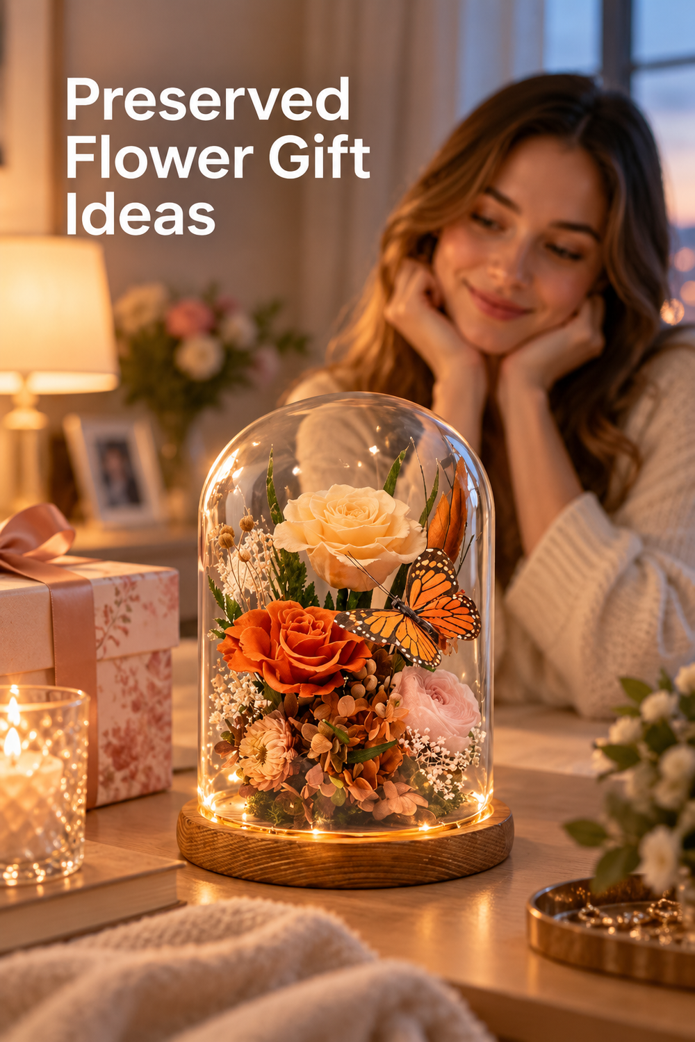 Vertical lifestyle photograph of a preserved flower arrangement inside a clear glass dome on a round wooden base, glowing with warm lights on a cozy bedside or dressing table. Orange, cream, blush and dried floral elements surround an orange butterfly ornament. A ribboned gift box, candle, stacked books, soft blanket and small jewelry dish frame the display, while a smiling woman looks toward it in the softly lit background. Headline reads “Preserved Flower Gift Ideas.”
