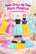 Five colorful princess dress-up costumes and accessories in a pink playroom with the headline “Make Dress-Up Time More Magical.”