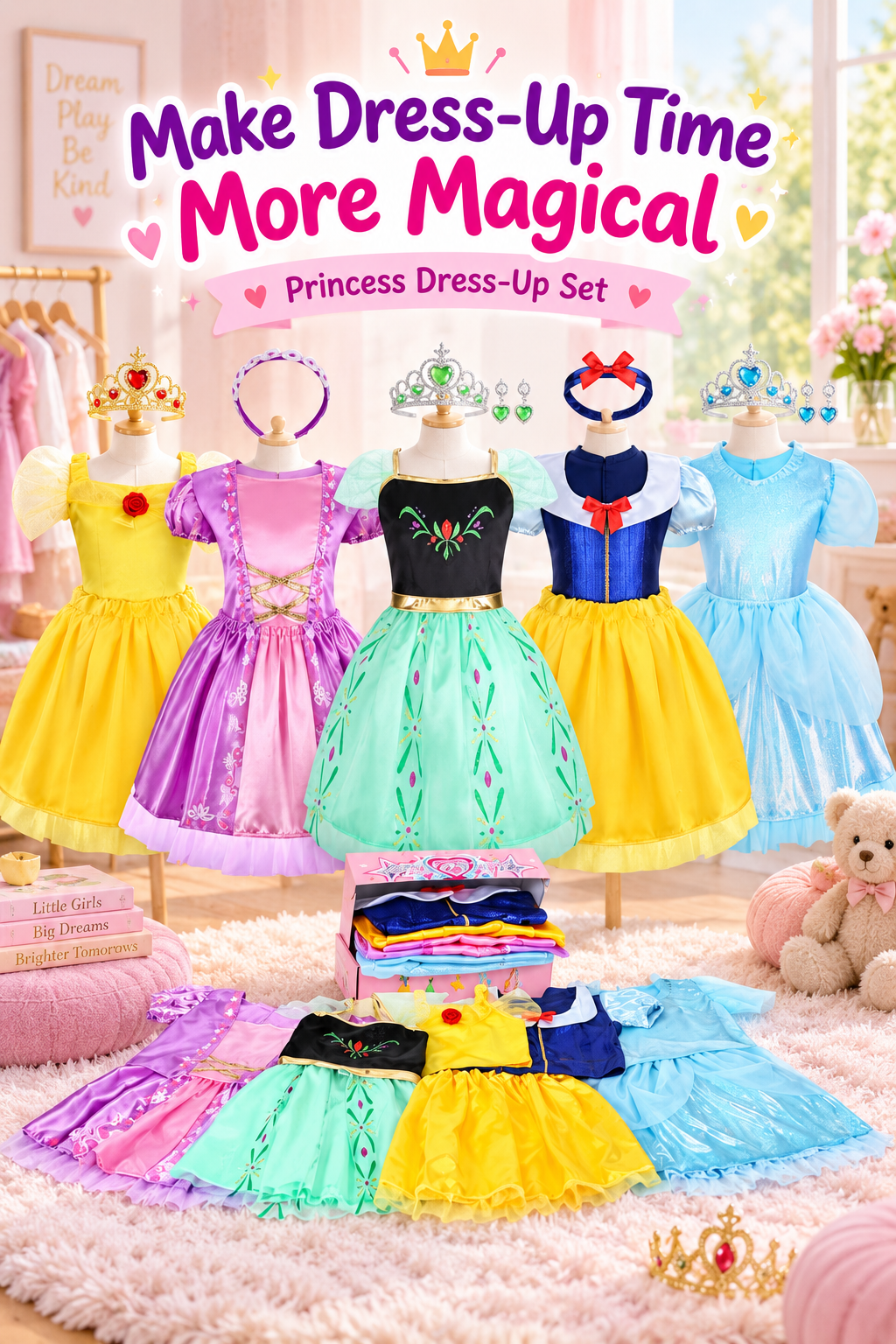 Five colorful princess dress-up costumes and accessories in a pink playroom with the headline “Make Dress-Up Time More Magical.”