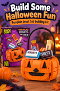 Orange pumpkin treat tub building kit with candy-shaped bricks in a Halloween scene and the headline Build Some Halloween Fun.