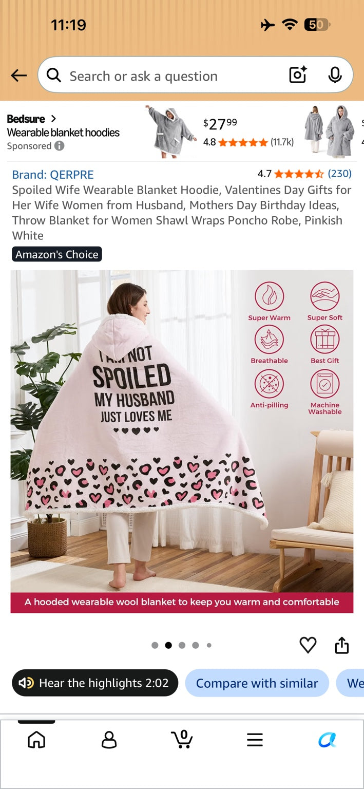 Amazon product screenshot showing a pinkish-white spoiled wife wearable blanket hoodie.