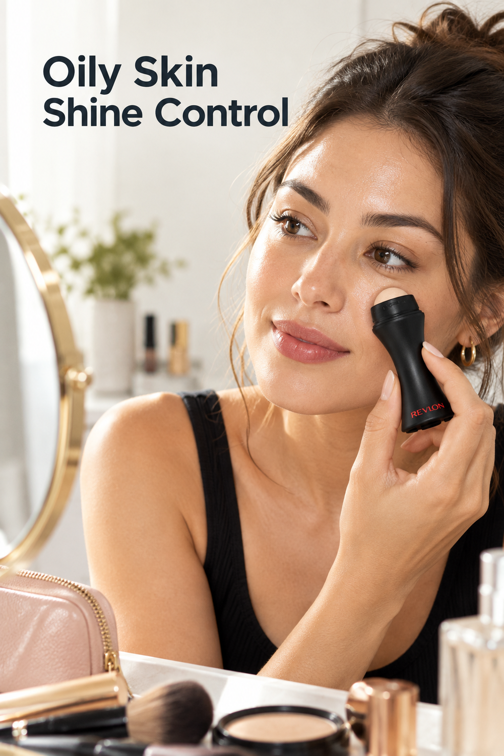 Vertical beauty photo with the headline “Oily Skin Shine Control” in dark type at the upper left. A woman with dark hair in a loose bun looks toward a round vanity mirror while rolling a black Revlon oil-absorbing face roller with a beige stone ball across her right cheek. Warm daylight highlights visible facial shine. A pink makeup pouch, brushes, compact powder, perfume bottle, and greenery sit around the bright vanity, creating an everyday makeup touch-up setting.