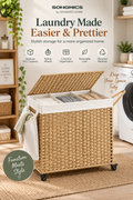 Natural woven rolling laundry hamper with lid and three sorting sections in a bright laundry room with the headline Laundry Made Easier & Prettier.