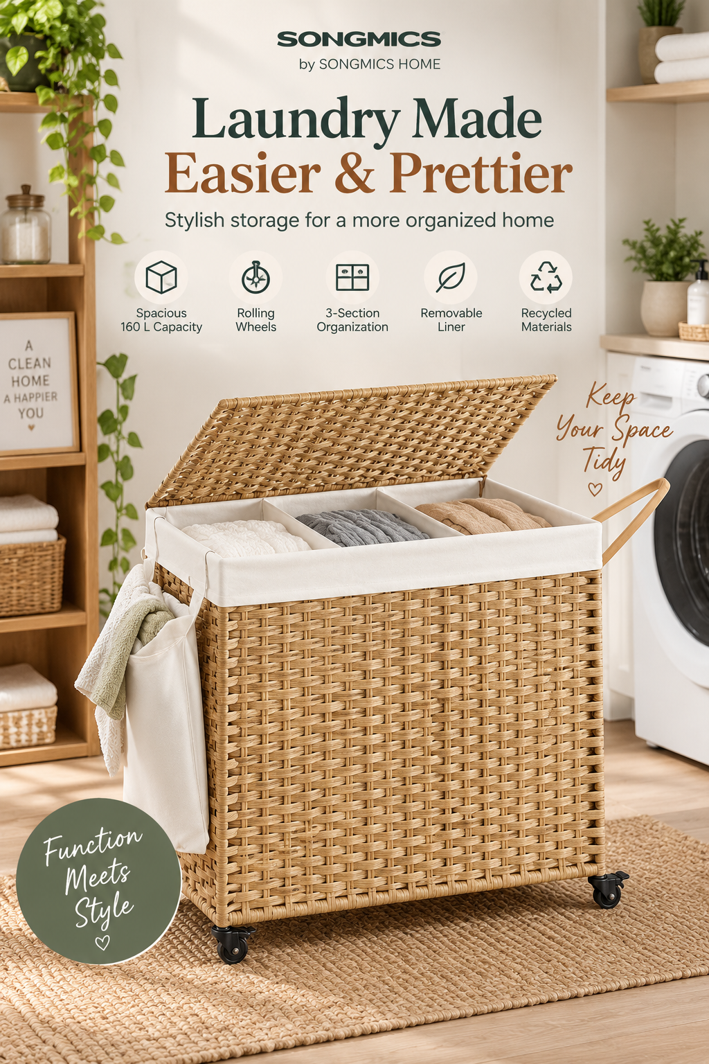 Natural woven rolling laundry hamper with lid and three sorting sections in a bright laundry room with the headline Laundry Made Easier & Prettier.