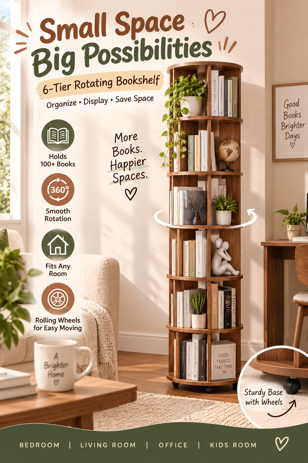 Walnut six-tier rotating bookshelf filled with books in a warm room, with headline Small Space Big Possibilities.