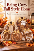 Five rustic wooden pumpkin decorations in a cozy autumn tabletop scene with the headline Bring Cozy Fall Style Home.
