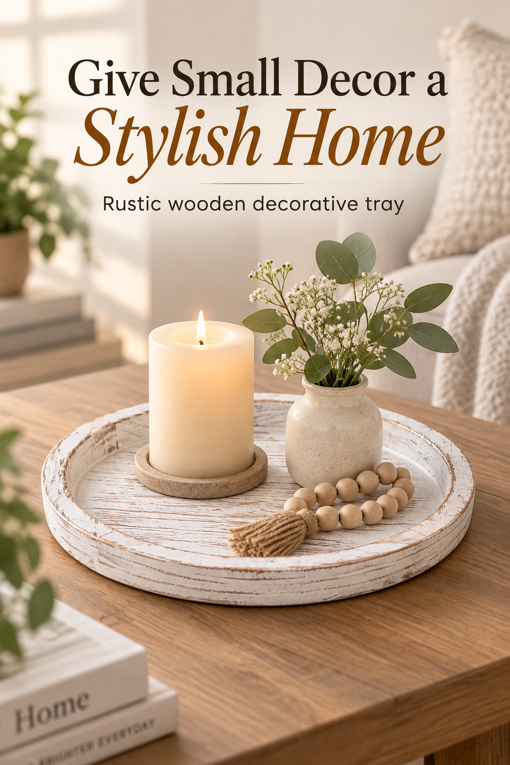 Distressed white round wooden decorative tray styled on a coffee table with the headline Give Small Decor a Stylish Home.