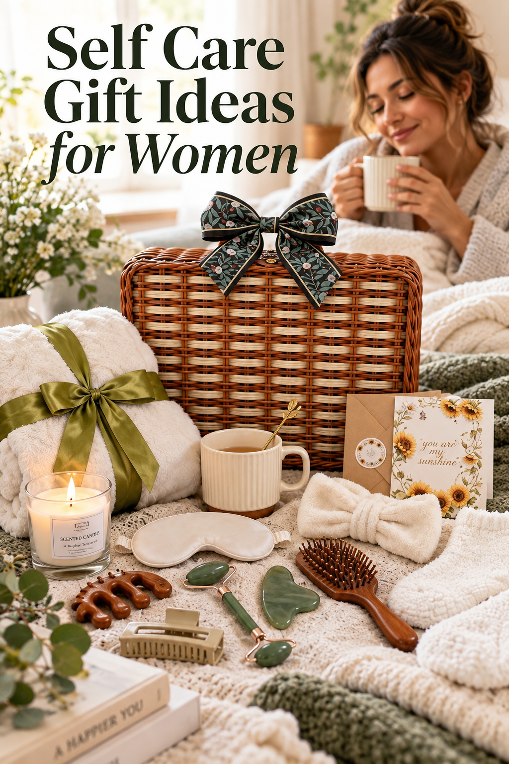 Vertical lifestyle image showing a vintage woven self-care gift basket with a dark floral bow on a cozy bed. A folded cream blanket with an olive ribbon sits beside a lit candle, mug, sleep mask, plush headband, fuzzy socks, wooden brush and massage combs, beige hair clip, green facial roller and gua sha, and a sunflower greeting card. A woman relaxes with a warm drink in the softly lit background. Headline reads “Self Care Gift Ideas for Women.”