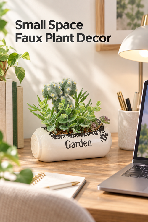 Vertical lifestyle photo of a compact home office desk in warm natural light. A white rounded rectangular ceramic planter marked “Garden” sits on a wooden desktop and holds mixed faux succulents, including fuzzy cactus forms, soft green rounded leaves, narrow spiky leaves, and small purple-green rosettes. Books, a laptop, notebook, pen cup, lamp, framed art, and leafy greenery surround the planter. The headline at the upper left reads “Small Space Faux Plant Decor.”