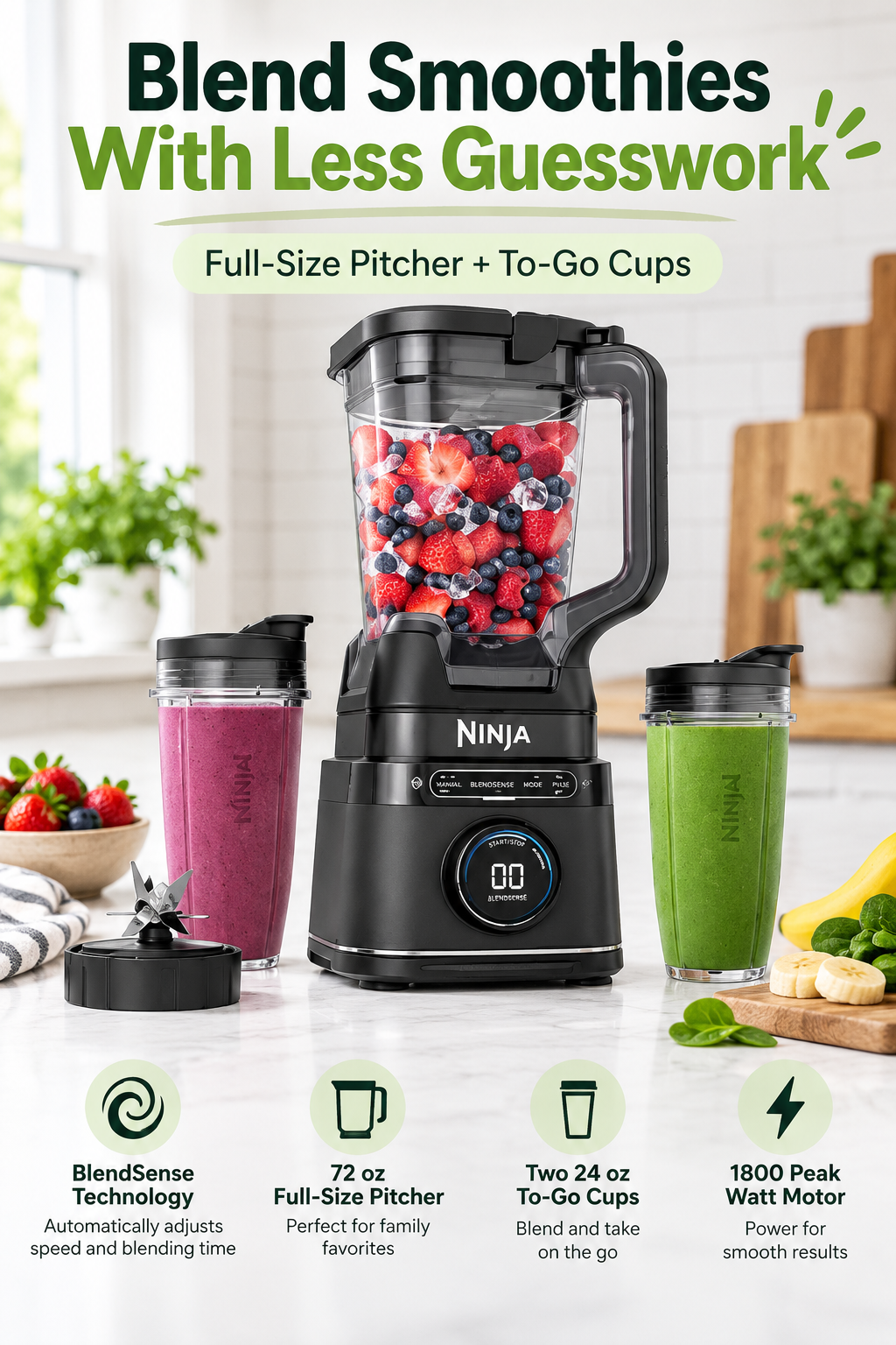Black countertop blender with berry-filled pitcher and two smoothie cups in a bright kitchen, with Blend Smoothies With Less Guesswork headline.