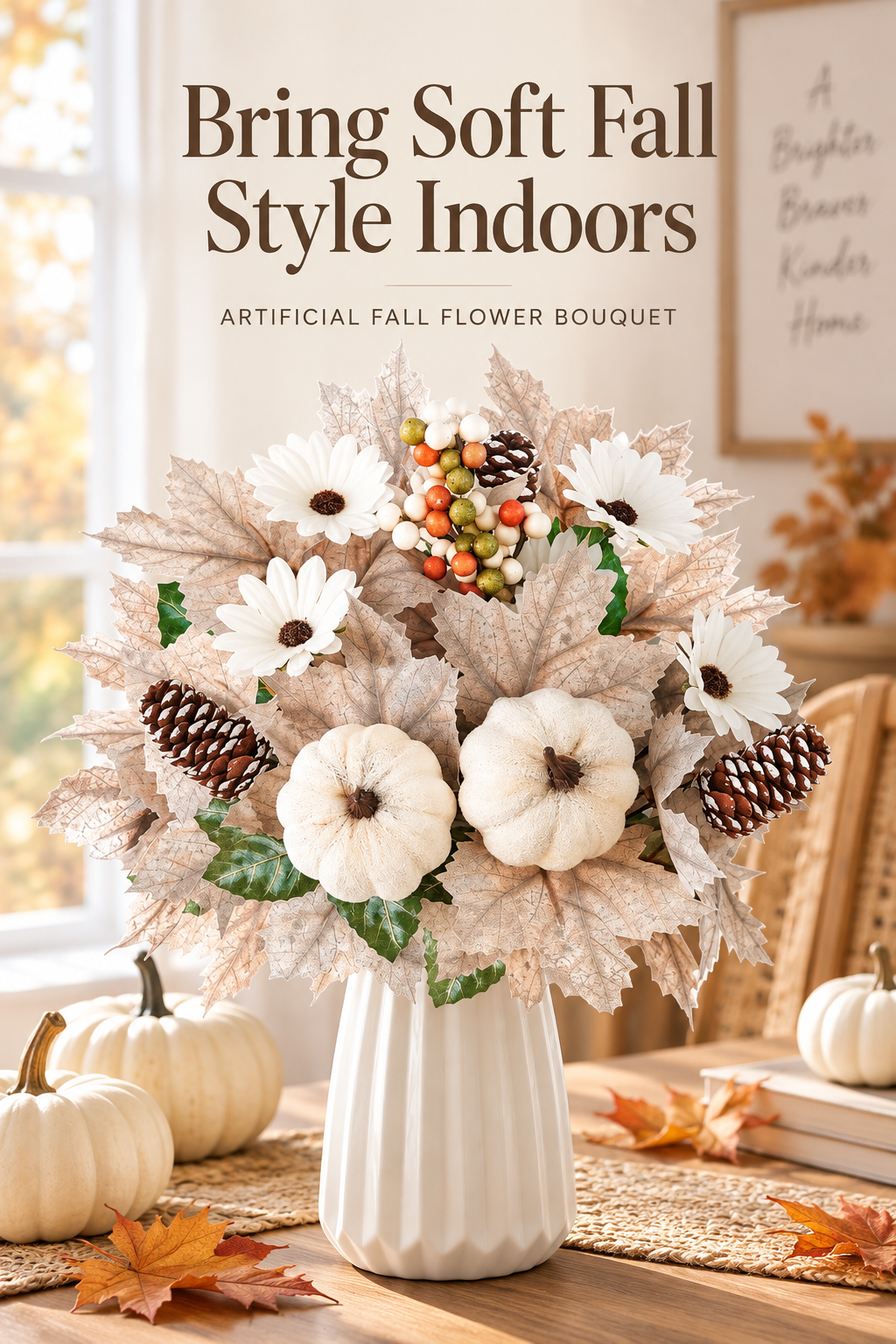 White artificial fall flower bouquet with pumpkins, maple leaves, berries and pinecones in a warm autumn table setting, with the headline Bring Soft Fall Style Indoors.