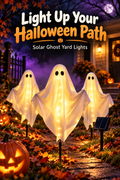 Three glowing ghost yard lights along a Halloween garden path with the headline Light Up Your Halloween Path.