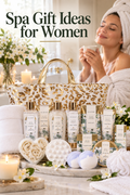A warm spa-inspired bathroom scene featuring a white and gold leopard-print tote behind coordinated White Jasmine bath and body items, including bottles, tubes, bath salts, a shampoo bar, body butter, massage oil, folded white towels, cream soap flowers, a round massage brush, pale bath bombs, a bath puff, candles and white blossoms. A woman in a white robe and towel turban holds a mug in the background. Headline reads “Spa Gift Ideas for Women.”