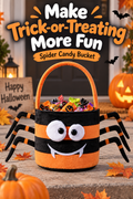 Black-and-orange spider candy bucket filled with treats on a Halloween porch, with the headline “Make Trick-or-Treating More Fun.”