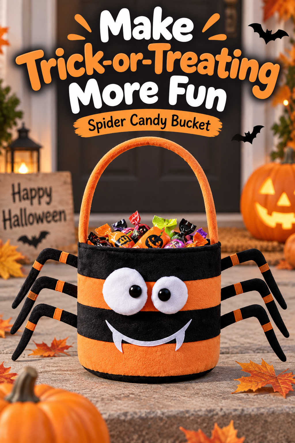 Black-and-orange spider candy bucket filled with treats on a Halloween porch, with the headline “Make Trick-or-Treating More Fun.”
