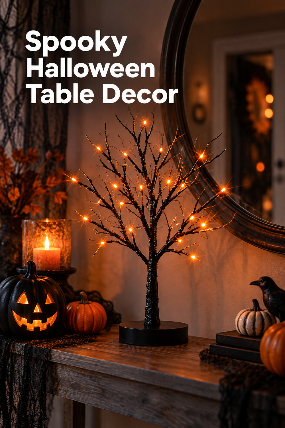 Vertical Halloween lifestyle scene showing a black glittered tabletop tree glowing with orange branch-tip lights on a rustic wood console. A lit black jack-o’-lantern, orange pumpkins, a glass candle, autumn foliage, stacked dark books, black gauze, and a small black crow surround the tree beneath a large round mirror. Warm amber lighting creates a cozy spooky entryway display. White headline text at the upper left reads “Spooky Halloween Table Decor.”